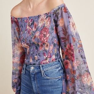 Anthropologie Rouen Purple Ruched Sheer Bubble Sleeve Floral Top Small